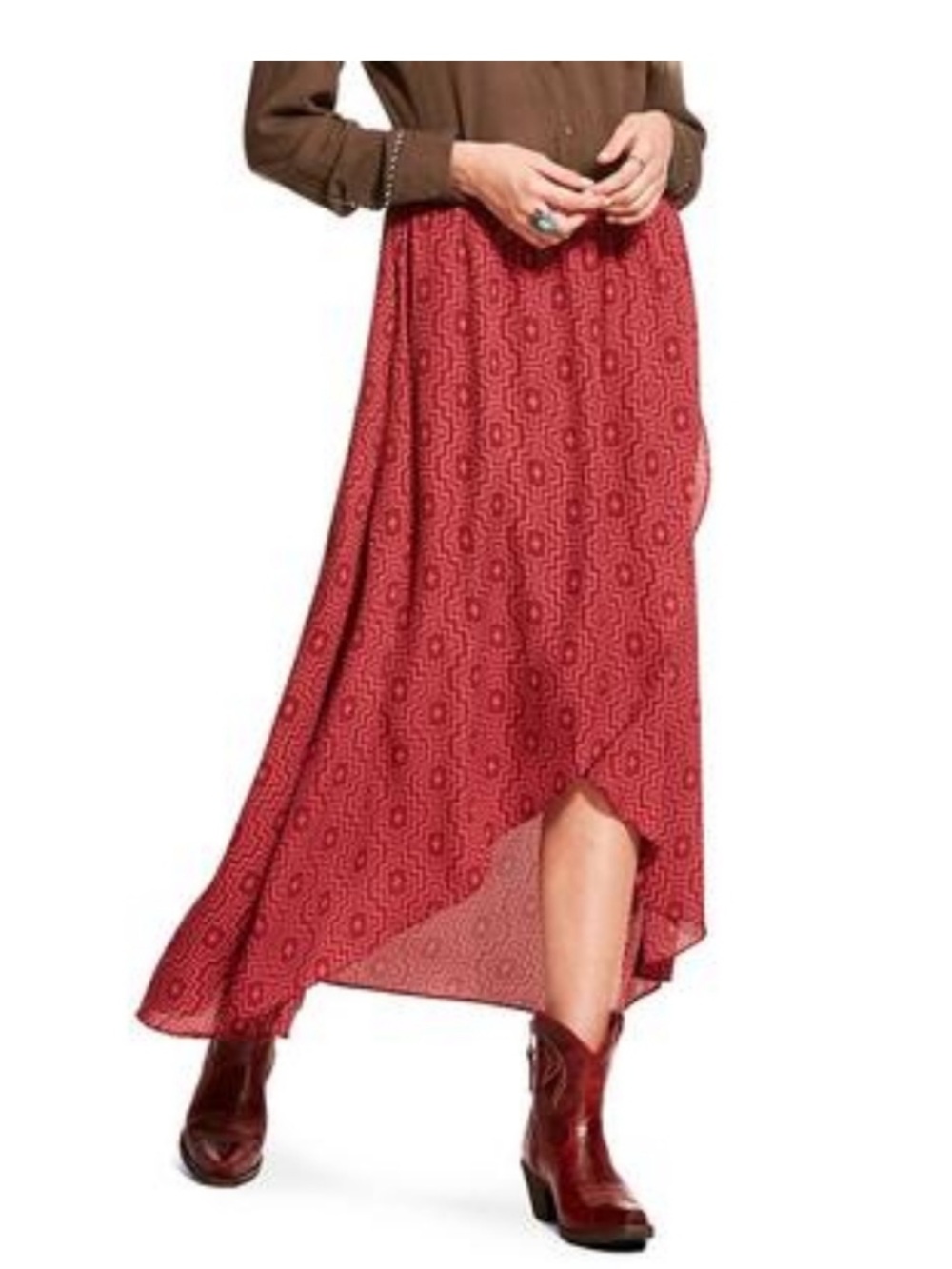Ariat Maroon Geometric High-Low Maxi Skirt western L burgundy printed boho